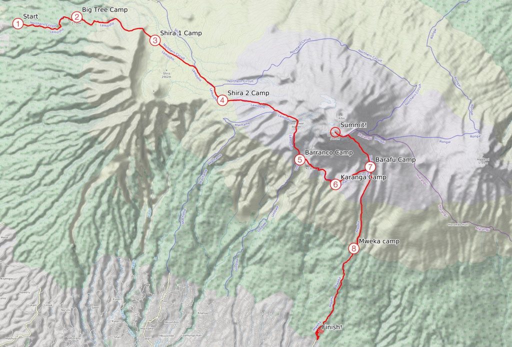 Lemosho Route map of Mount Kilimanjaro showing daily camps, route stages, and the Kilimanjaro Joy Travel logo.