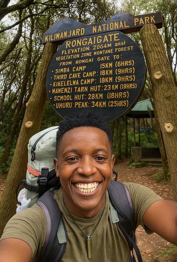 Mountain guide smiling at the Rongai Gate on Mount Kilimanjaro, preparing for the start of the Rongai Route trek