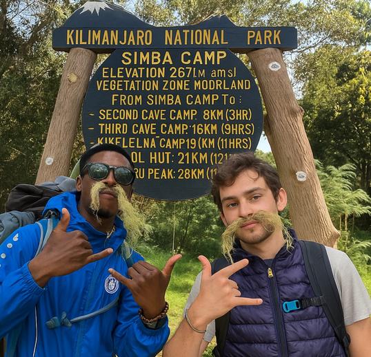 Climber and guide at Simba Camp joking around on Mount Kilimanjaro, holding plants under their noses like big fake mustaches