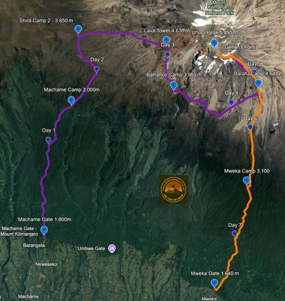 Detailed Machame Route map of Kilimanjaro showing daily stages, camps and the Kilimanjaro Joy Travel logo.