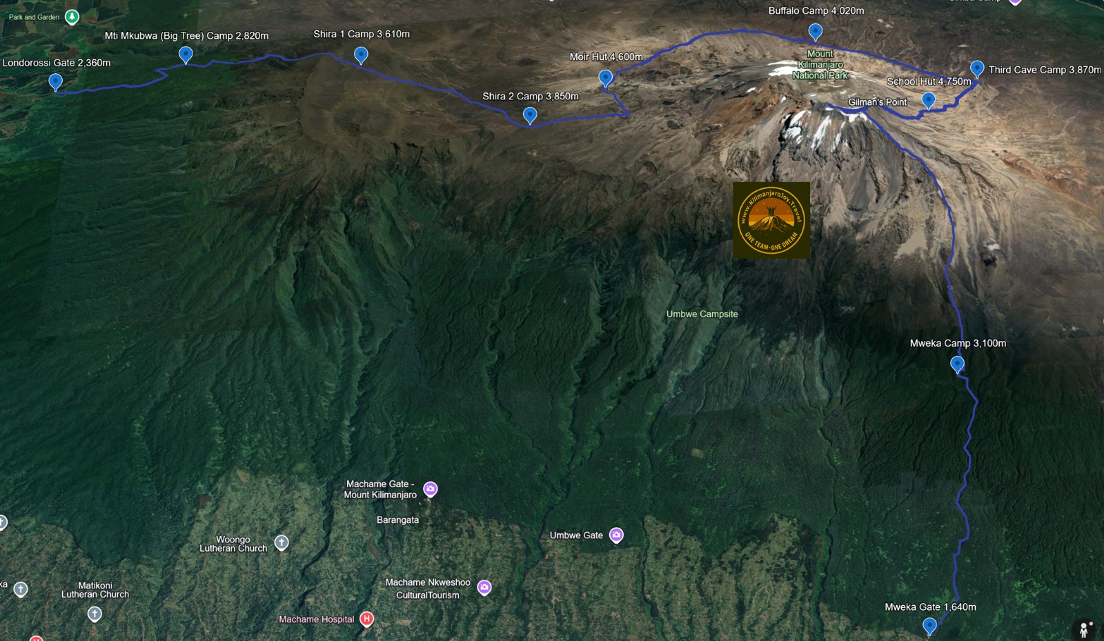Northern Circuit Route map of Mount Kilimanjaro showing daily camps, full route stages, and the Kilimanjaro Joy Travel logo.