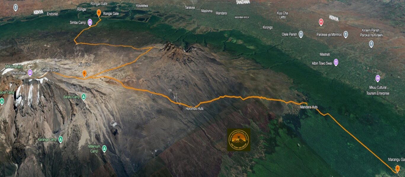 Map of the Rongai Route on Mount Kilimanjaro showing the trail from the northern side, key camps, elevation profile, and the summit approach