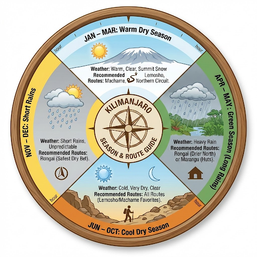 Circular Kilimanjaro season and route guide showing months, weather, and recommended trekking routes.